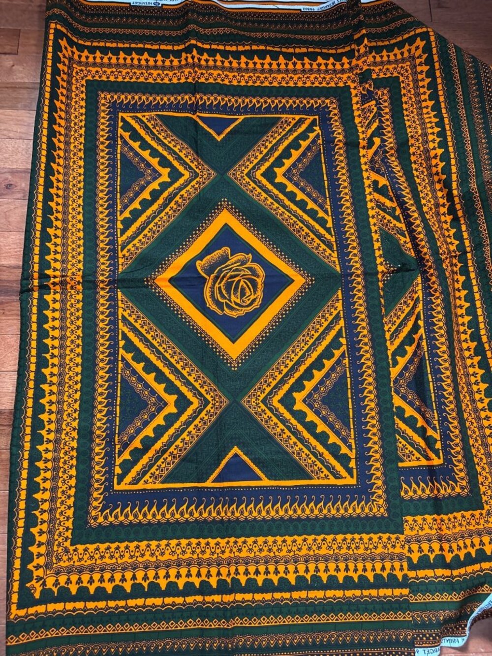 Veritable Wax Block Print Fabric 1 yard + 35" Rose & Geometric Design Orange/Gre
